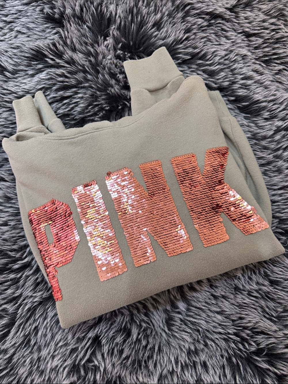 PINK Victoria's Secret Olive Green Sweatshirt with Rose Gold Sequin Logo